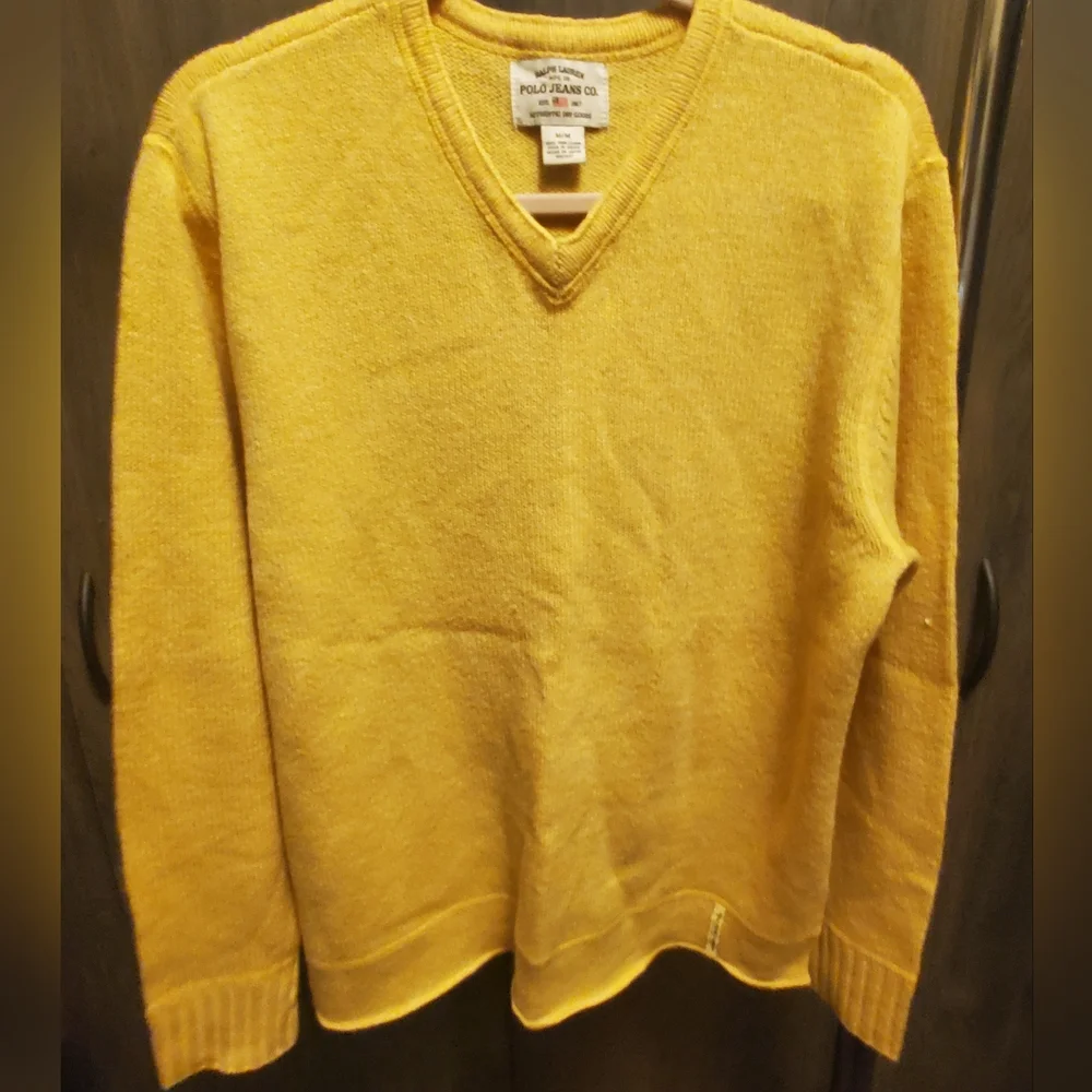 Ralph Lauren V Neck Sweater Polo Jeans Pullover 100% Wool Size Medium Yellow - Picture 5 of 5